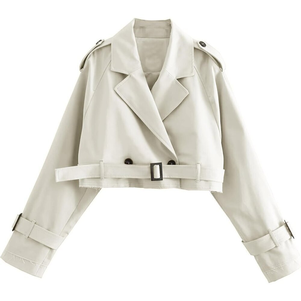 Womens Beige Cropped Jacket Long Sleeve Belted Trench Coat Solid Color